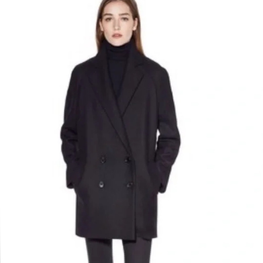 THEORY CAFE WOOL BLACK COAT IN SIZE L .